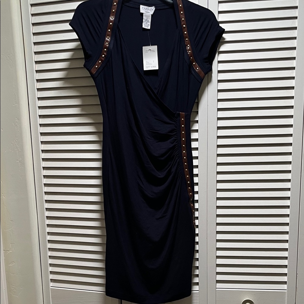 Carmen Marc Valvo Navy Mini Dress with Brown Accents